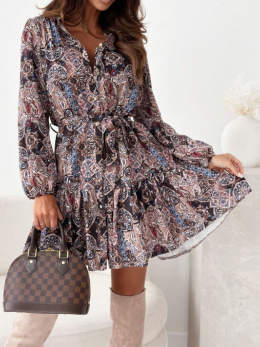 Ruffle Hem Floral Long Sleeve Dress S-2XL