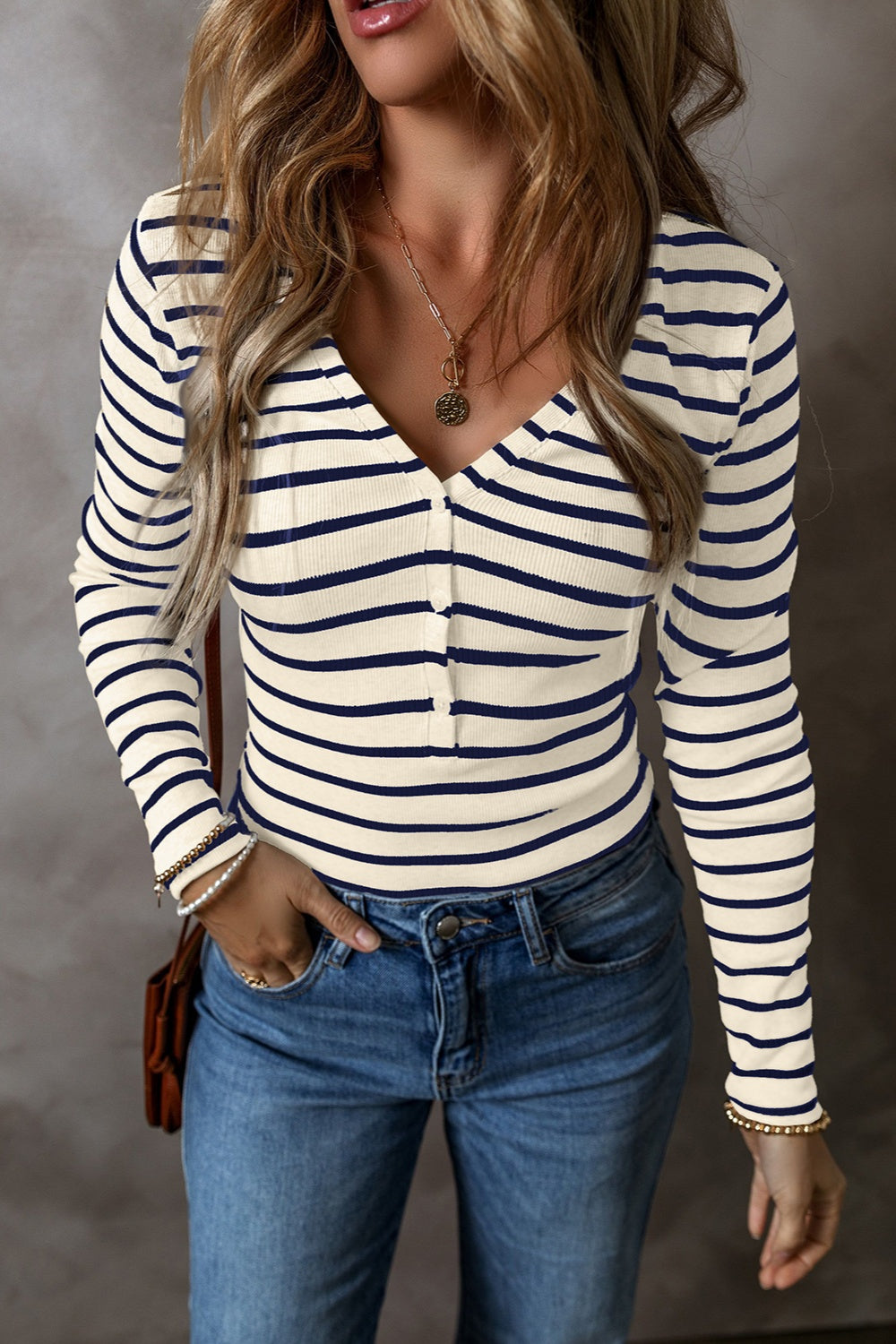 Striped V-Neck Long Sleeve Top S-2XL