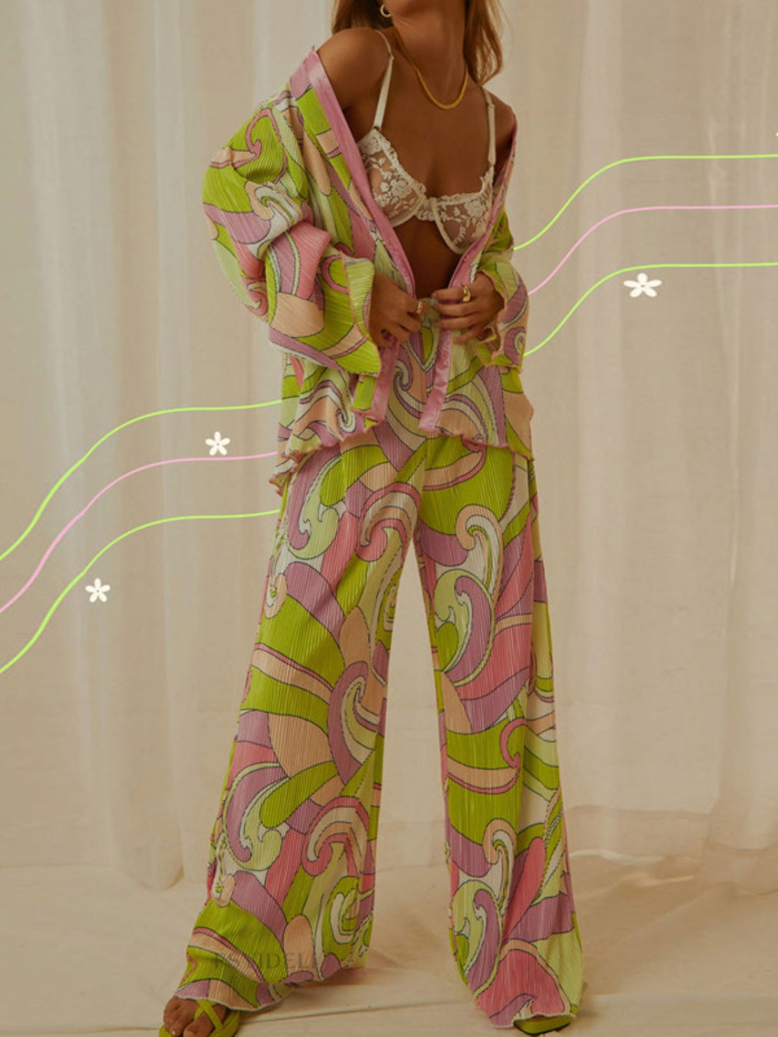 Collared Neck Long Sleeve Top and Pants Lounge Set S-L