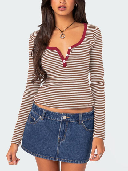 Buttoned Striped Long Sleeve T-Shirt Top S-XL