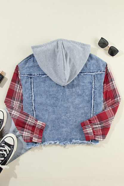 Raw Hem Drawstring Plaid Denim Jacket S-XL
