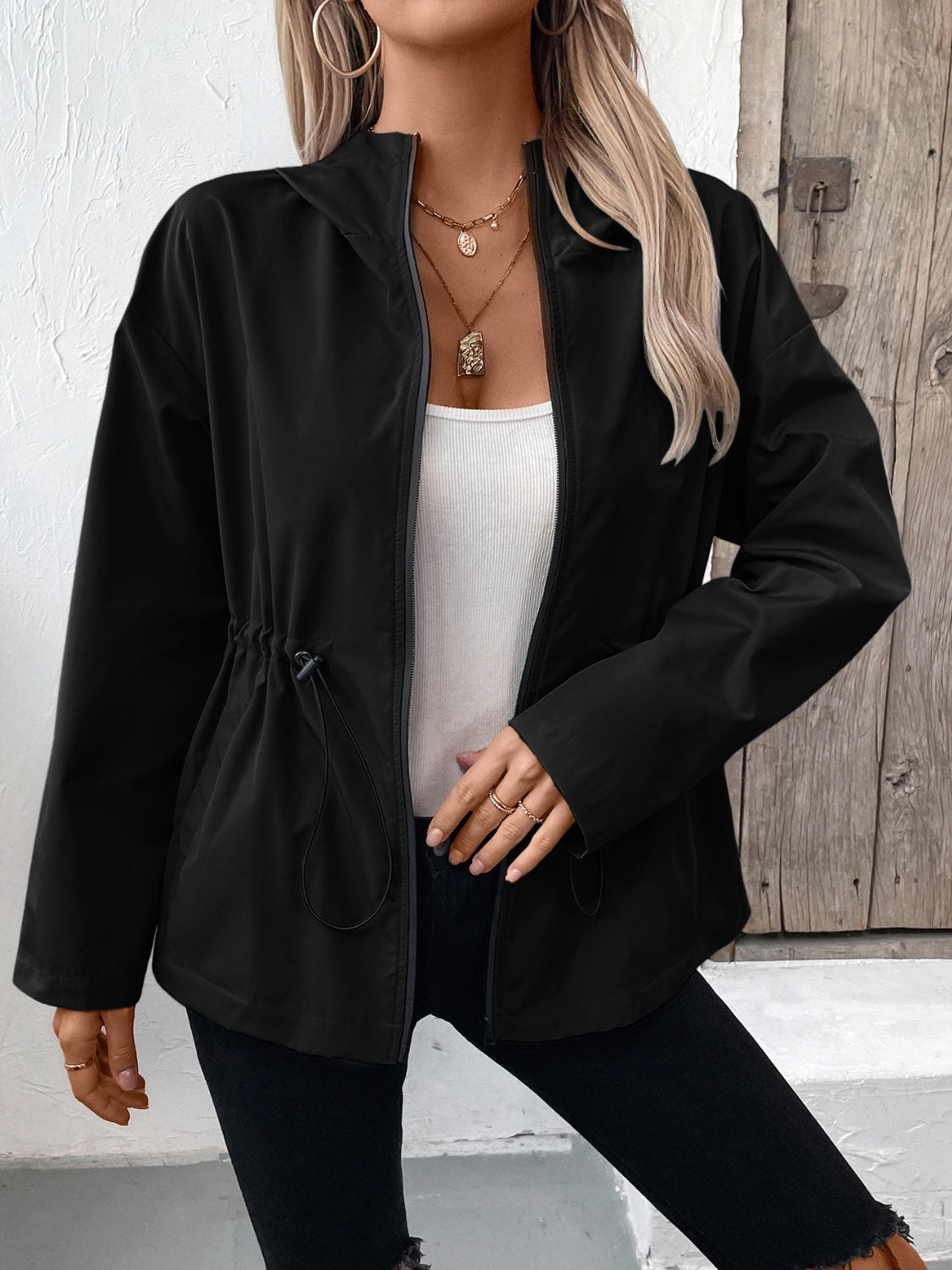 Ivy Lane Drawstring Zip Up Hooded Jacket S-2XL