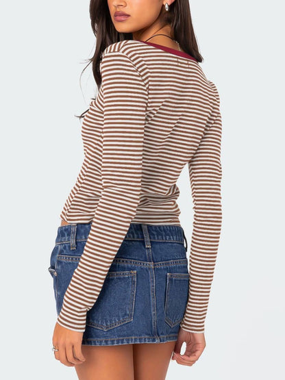 Buttoned Striped Long Sleeve T-Shirt Top S-XL