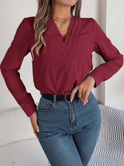 V-Neck Long Sleeve Blouse S-XL