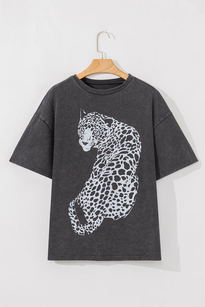 Cheetah Mineral Wash Round Neck Top Half Sleeve T-Shirt S-XL