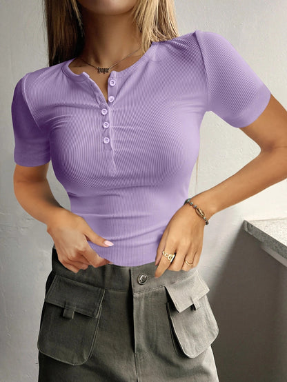 Round Neck Quarter Button Short Sleeve Top XS-XL