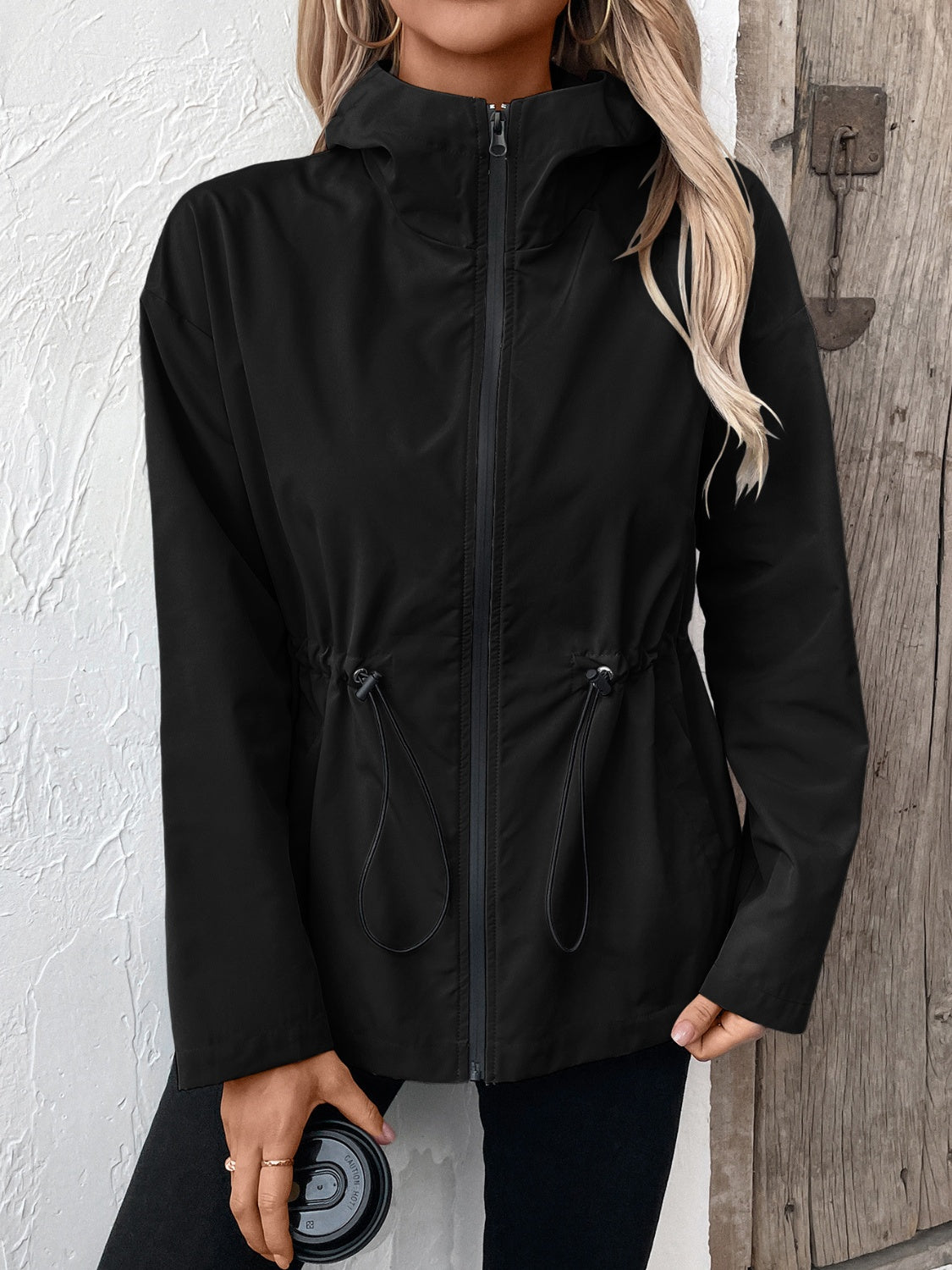 Ivy Lane Drawstring Zip Up Hooded Jacket S-2XL