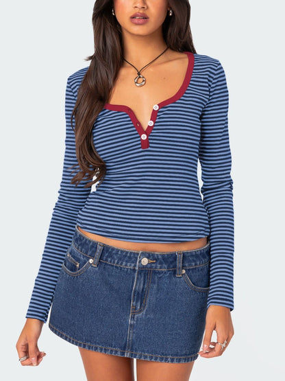 Buttoned Striped Long Sleeve T-Shirt Top S-XL