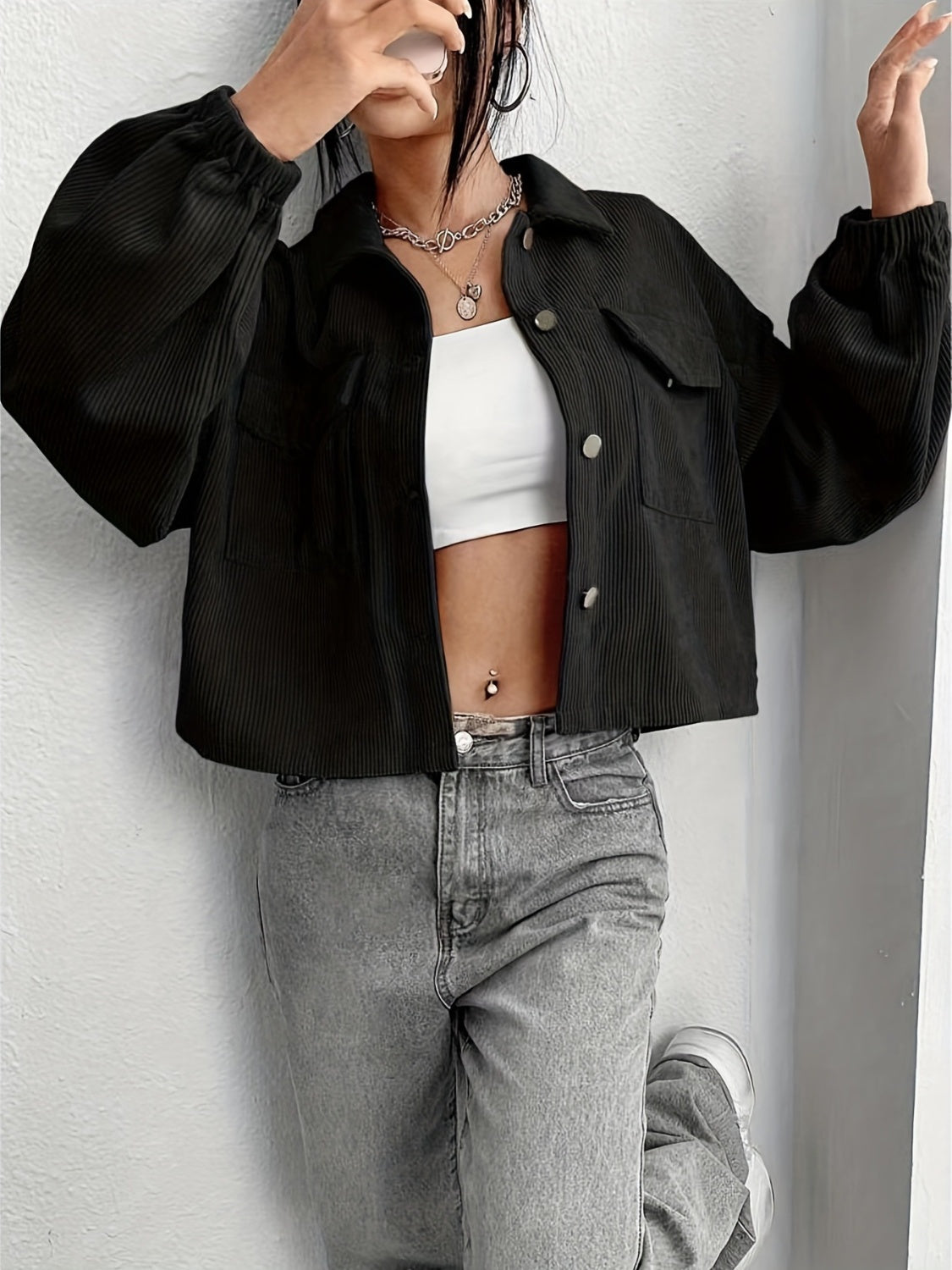 Collared Neck Dropped Shoulder Jacket Sizes S-XL