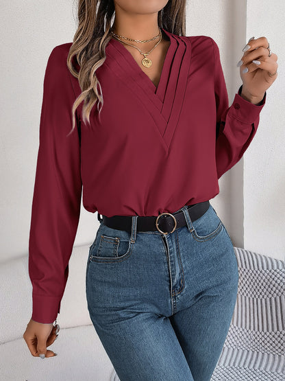 V-Neck Long Sleeve Blouse S-XL