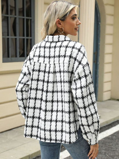 Plaid Collared Neck Long Sleeve Jacket S-XL