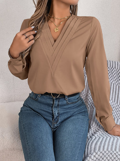 V-Neck Long Sleeve Blouse S-XL