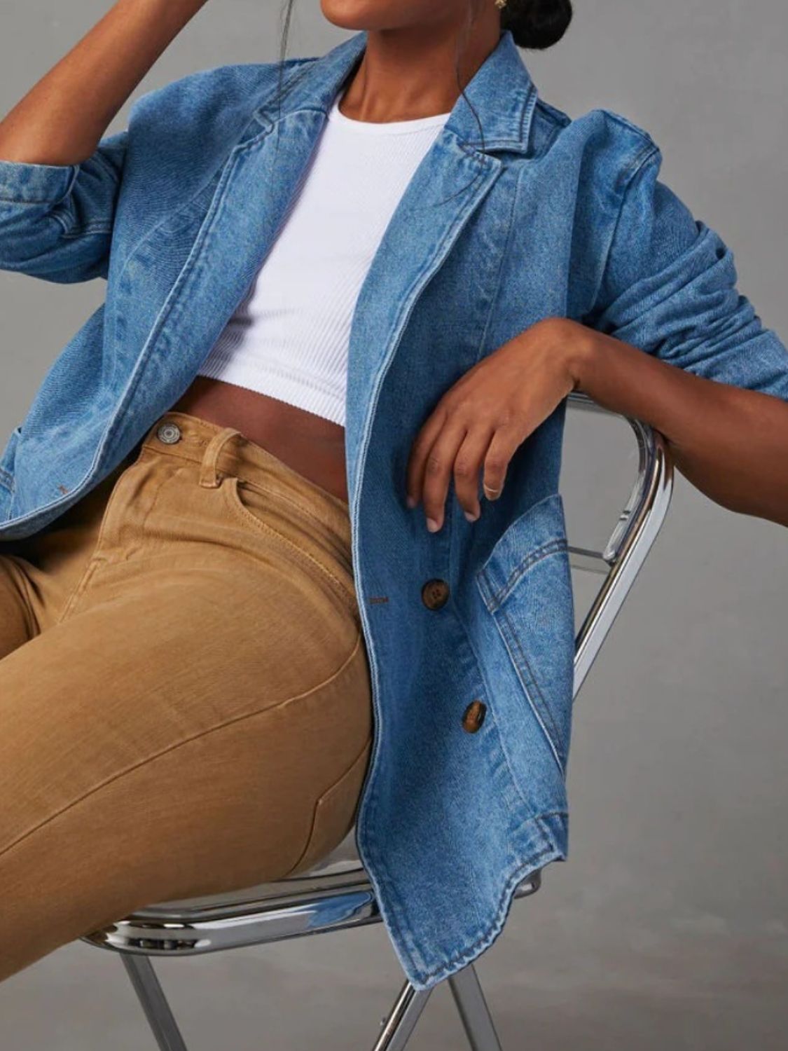 Pocketed Lapel Collar Long Sleeve Denim Jacket S-XL