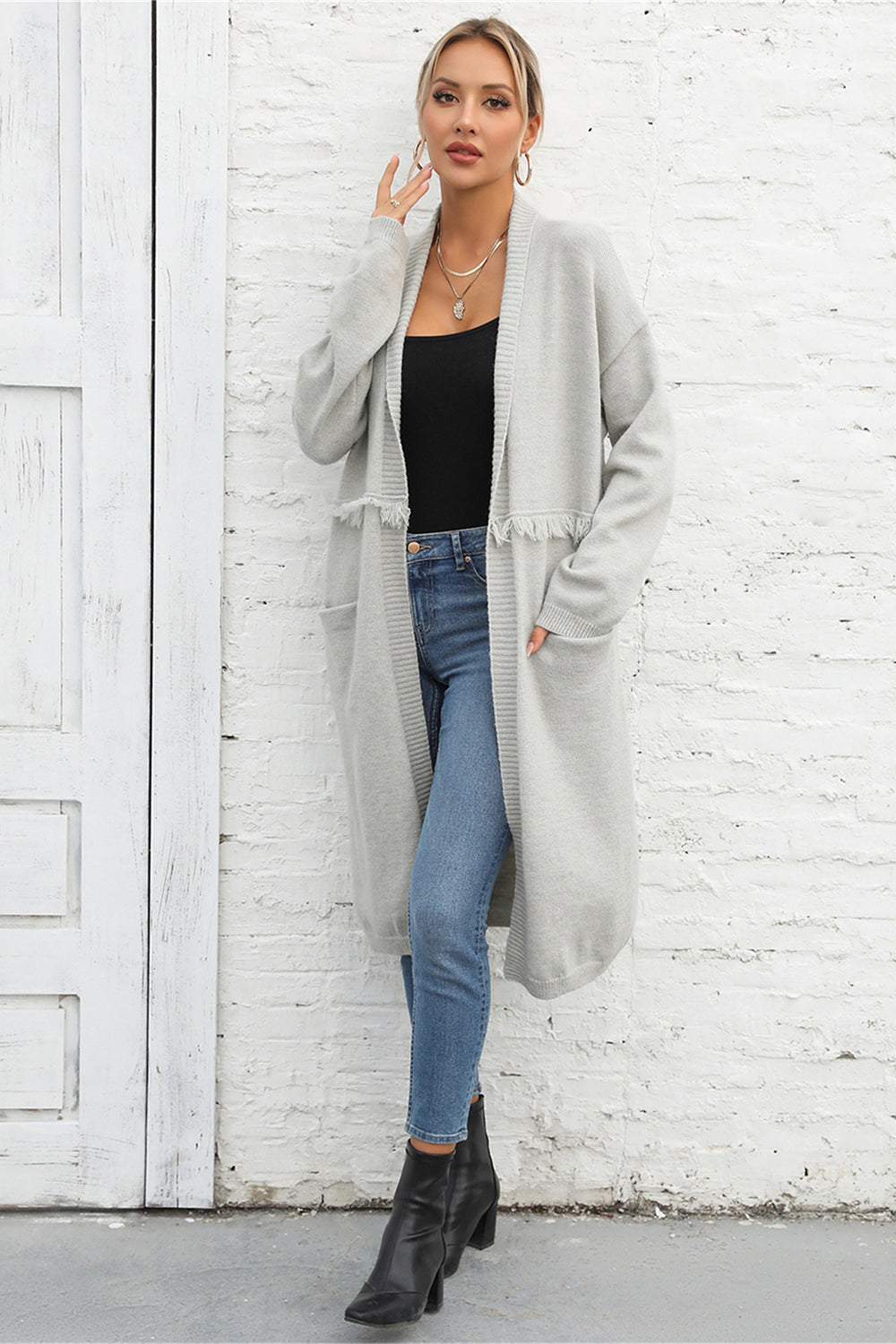 Open Front Pocketed Cardigan S-XL
