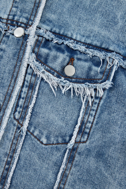 Raw Hem Drawstring Plaid Denim Jacket S-XL
