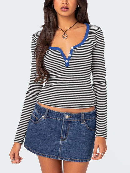 Buttoned Striped Long Sleeve T-Shirt Top S-XL