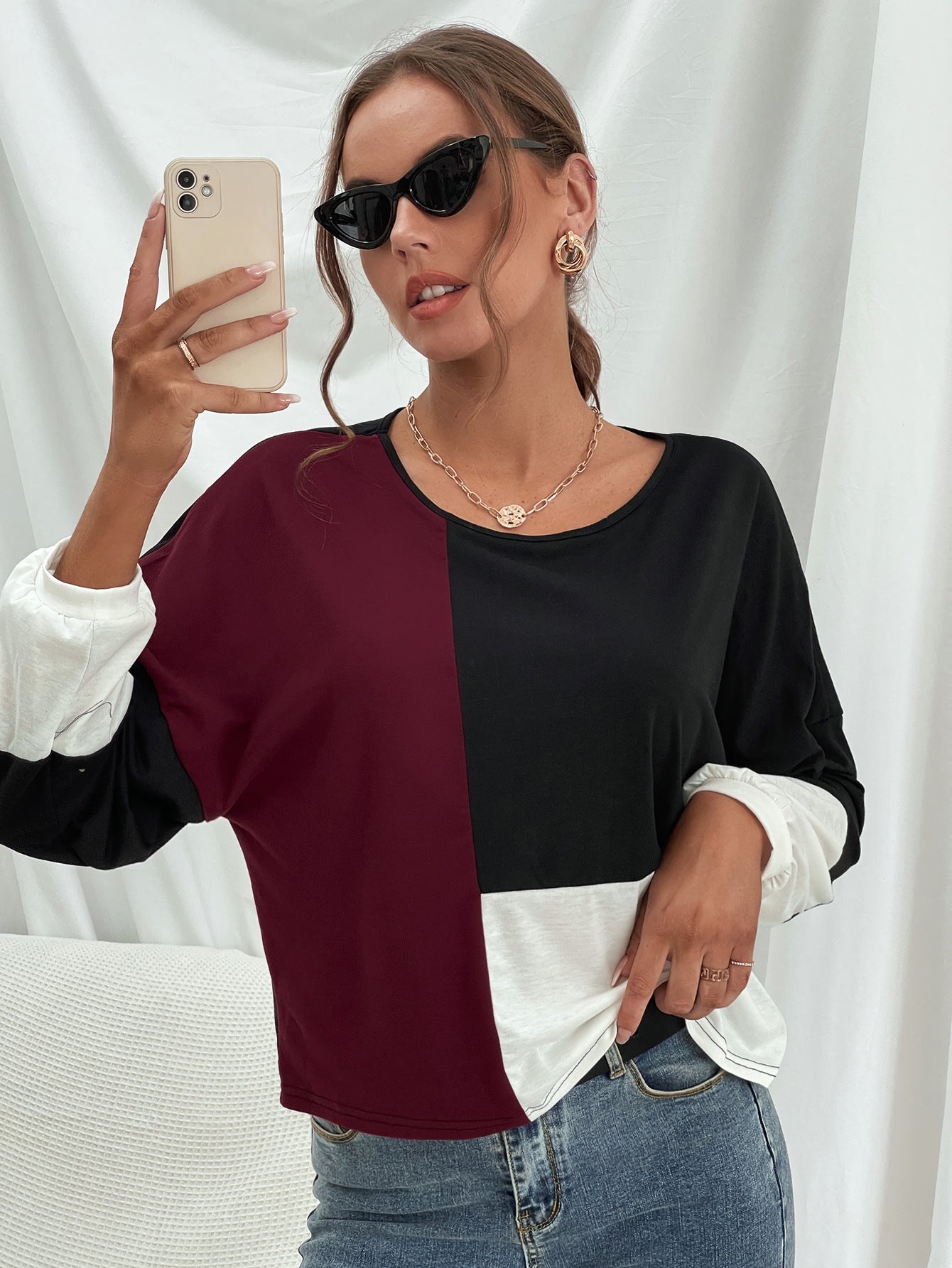 Three-Tone Color Block Dropped Shoulder Long Sleeve Top S-XL