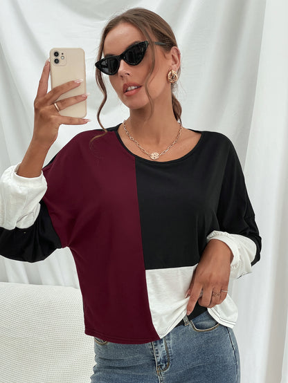 Three-Tone Color Block Dropped Shoulder Long Sleeve Top S-XL
