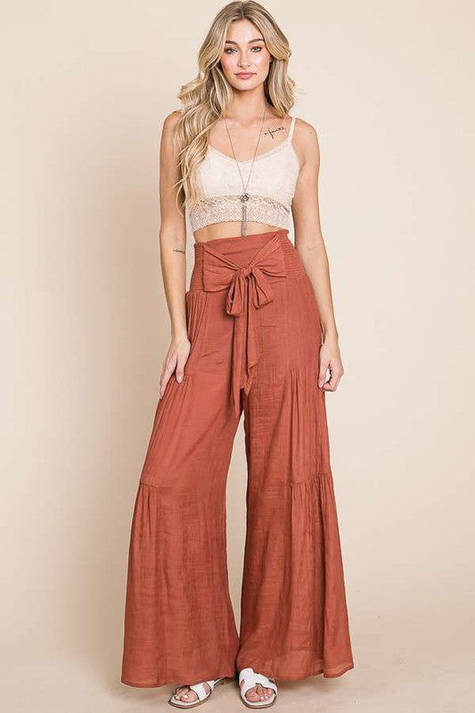 Tie front ruched waist back pants Sizes 1X-3X