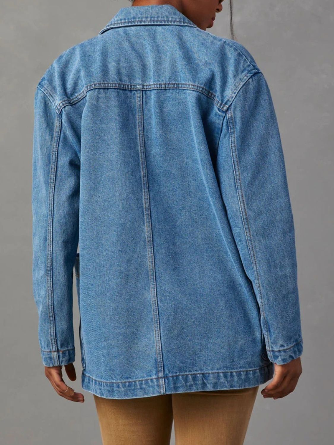 Pocketed Lapel Collar Long Sleeve Denim Jacket S-XL