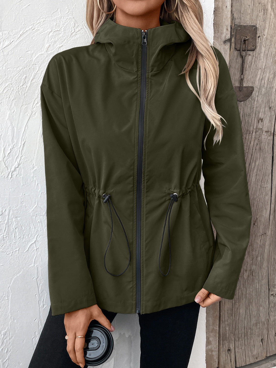 Ivy Lane Drawstring Zip Up Hooded Jacket S-2XL