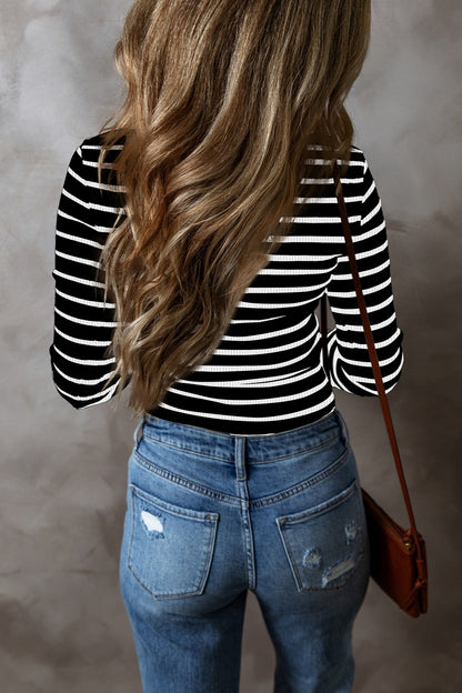 Striped V-Neck Long Sleeve Top S-2XL