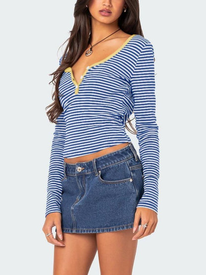 Buttoned Striped Long Sleeve T-Shirt Top S-XL