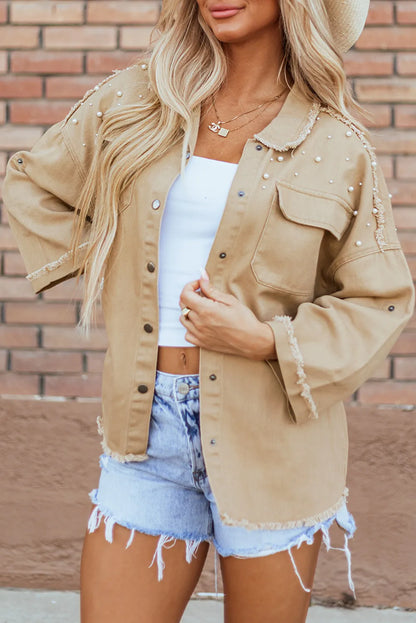 Raw Hem Pearl Trim Dropped Shoulder Denim Jacket S-XL