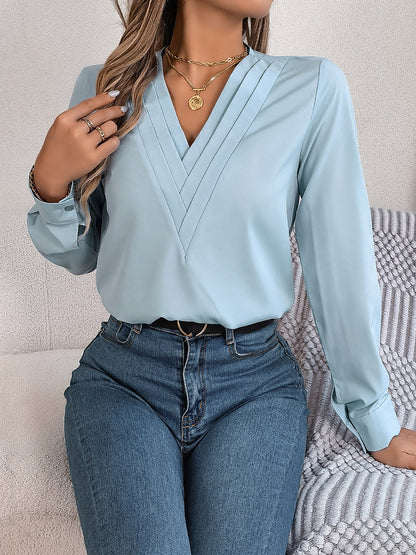 V-Neck Long Sleeve Blouse S-XL