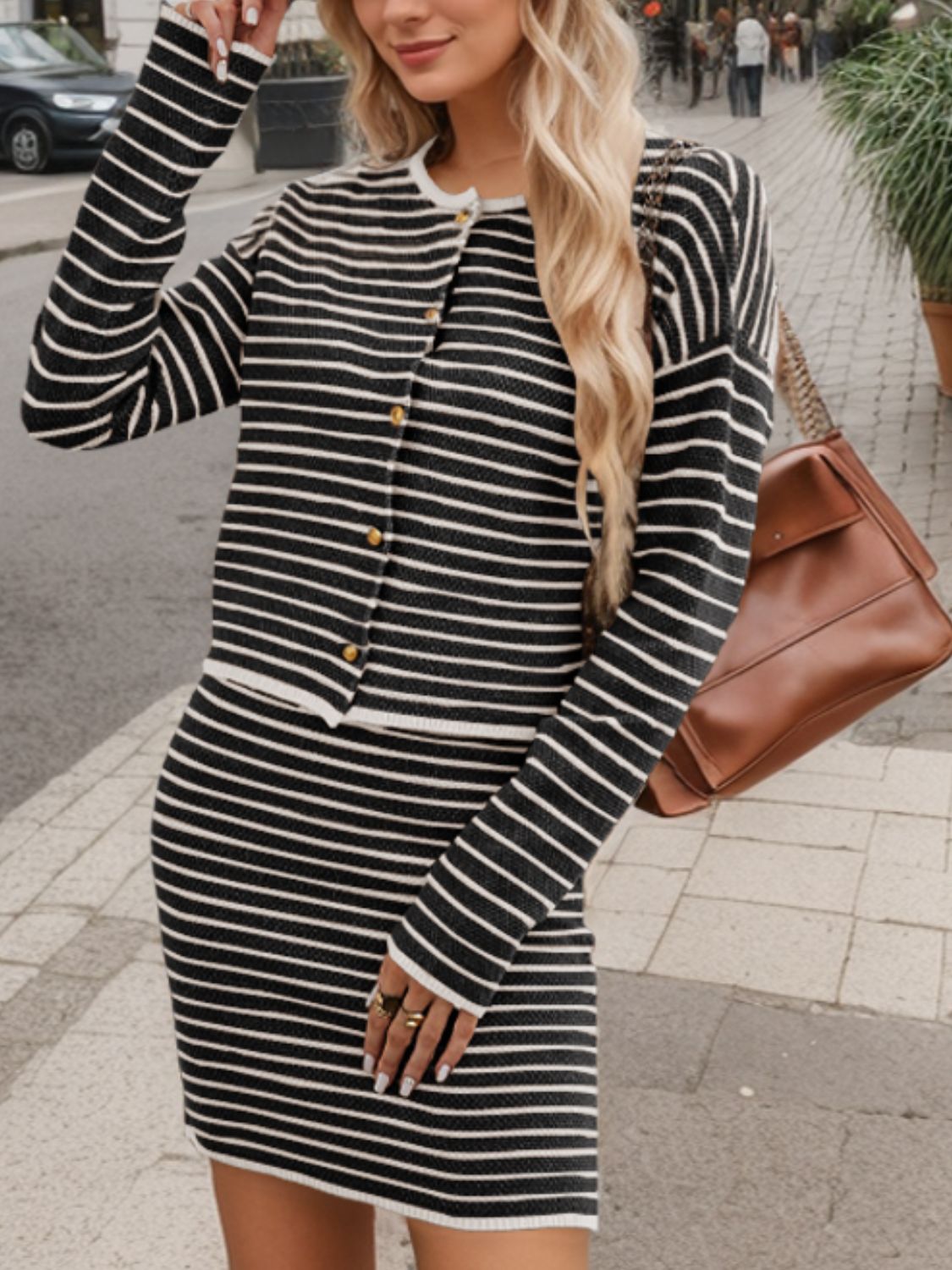 Striped Long Sleeve Top and Skirt Set S-XL