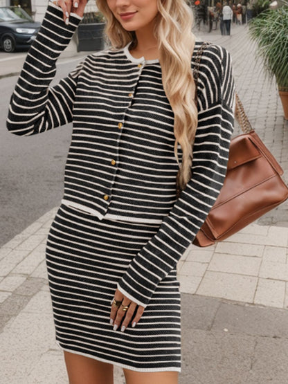 Striped Long Sleeve Top and Skirt Set S-XL