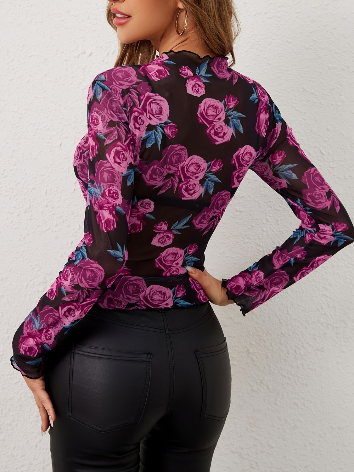 Floral Mock Neck Long Sleeve Top S-2XL