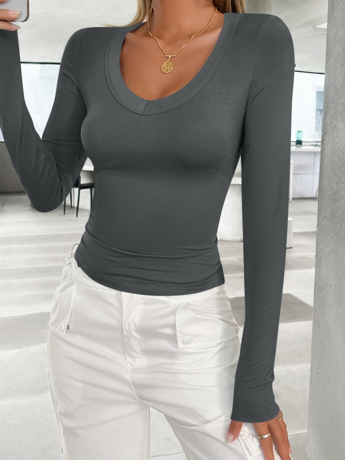 V-Neck Long Sleeve T-Shirt Basic S-XL