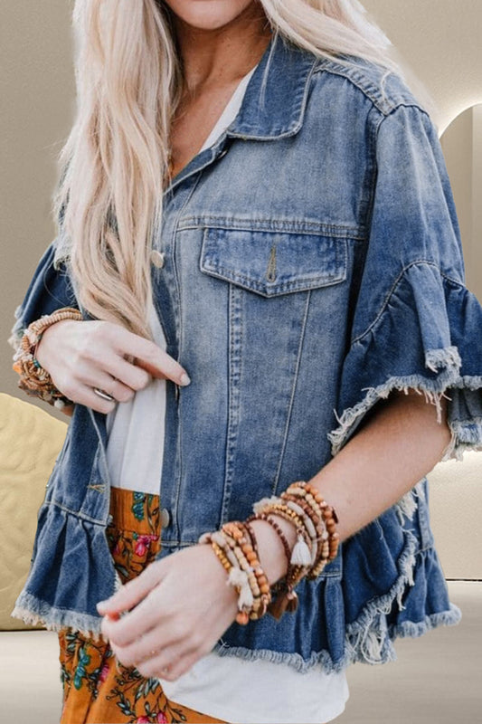Ruffled Raw Hem Half Sleeve Denim Top S-2XL