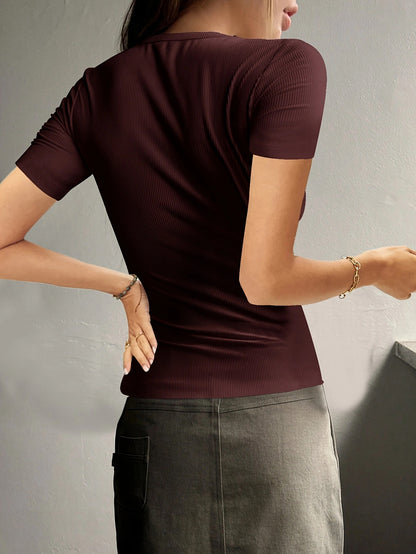 Round Neck Quarter Button Short Sleeve Top XS-XL
