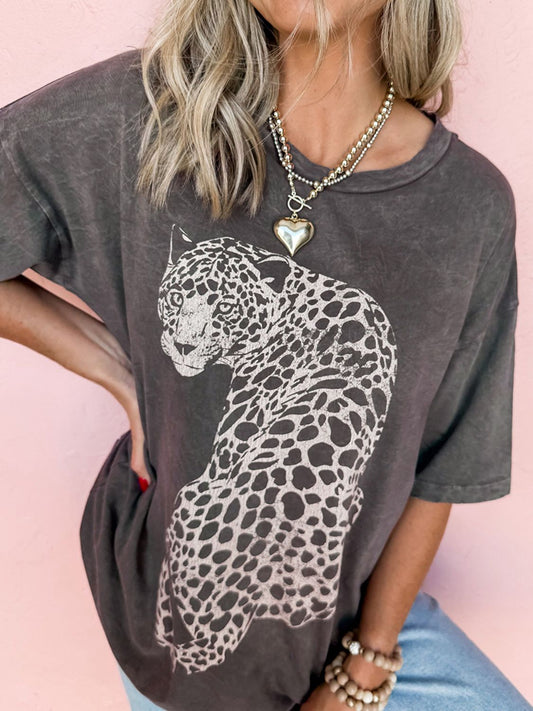 Cheetah Mineral Wash Round Neck Top Half Sleeve T-Shirt S-XL