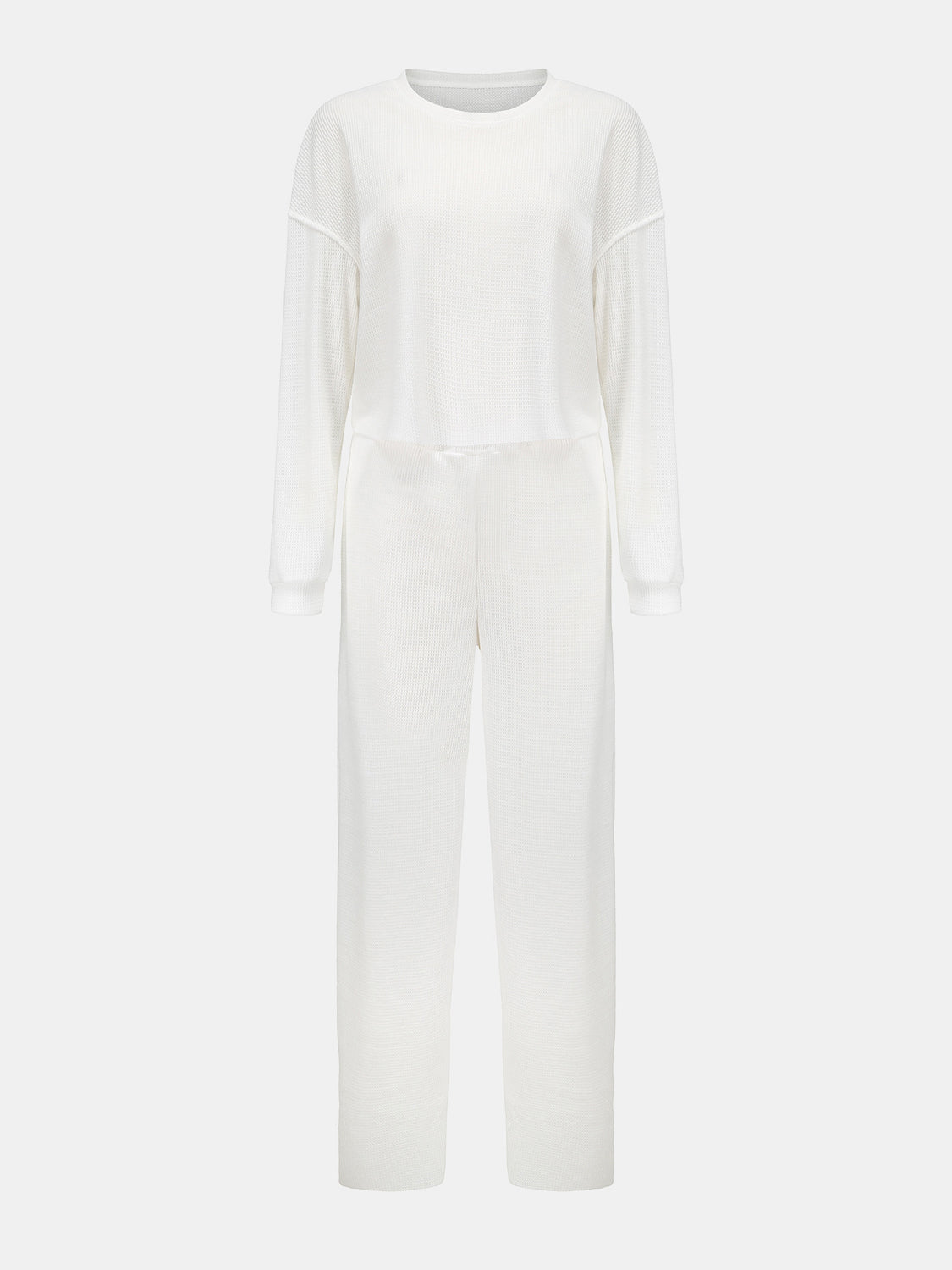 Waffle-Knit Round Neck Top and Pants Set S-XL