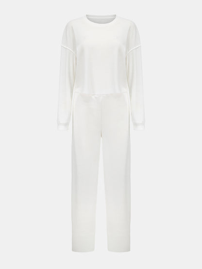 Waffle-Knit Round Neck Top and Pants Set S-XL