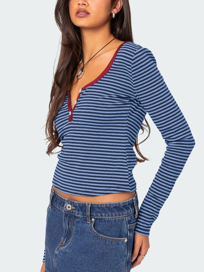 Buttoned Striped Long Sleeve T-Shirt Top S-XL