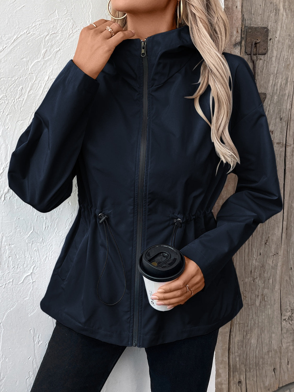Ivy Lane Drawstring Zip Up Hooded Jacket S-2XL