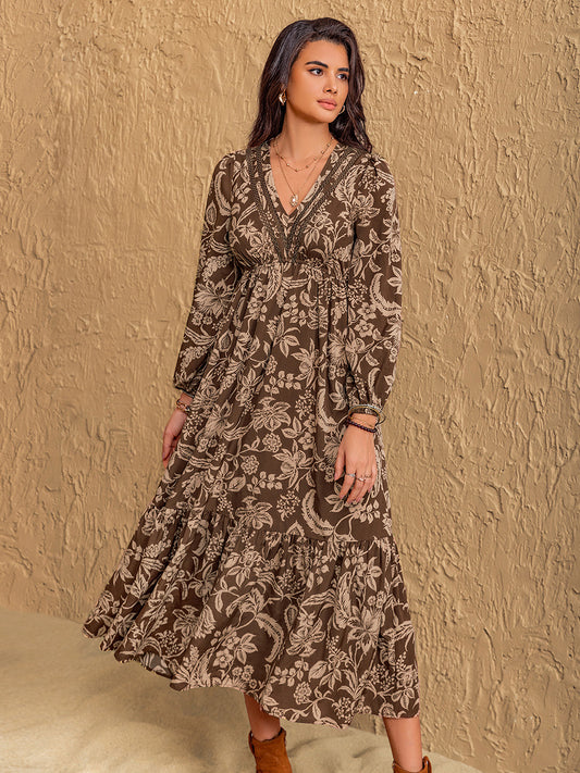 Ruched Printed V-Neck Long Sleeve Midi Dress S-2XL