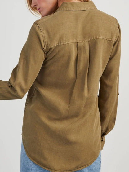 Collared Neck Roll-Tab Sleeve Denim Top S-2XL