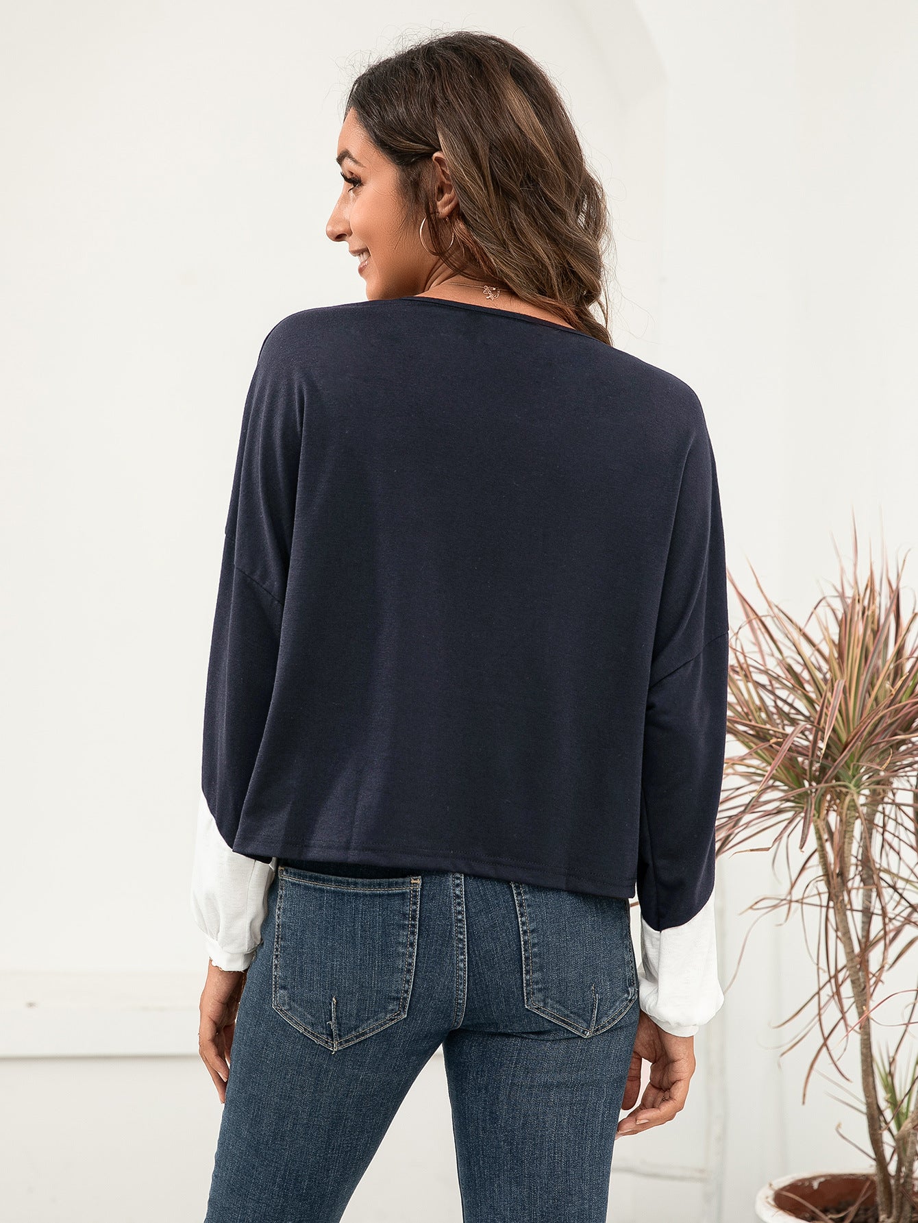 Three-Tone Color Block Dropped Shoulder Long Sleeve Top S-XL