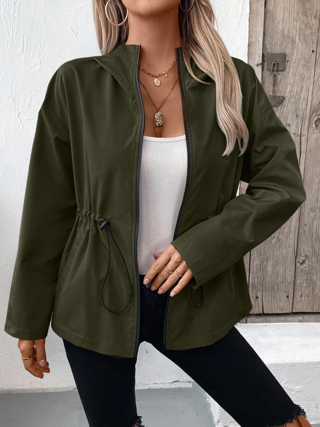 Ivy Lane Drawstring Zip Up Hooded Jacket S-2XL