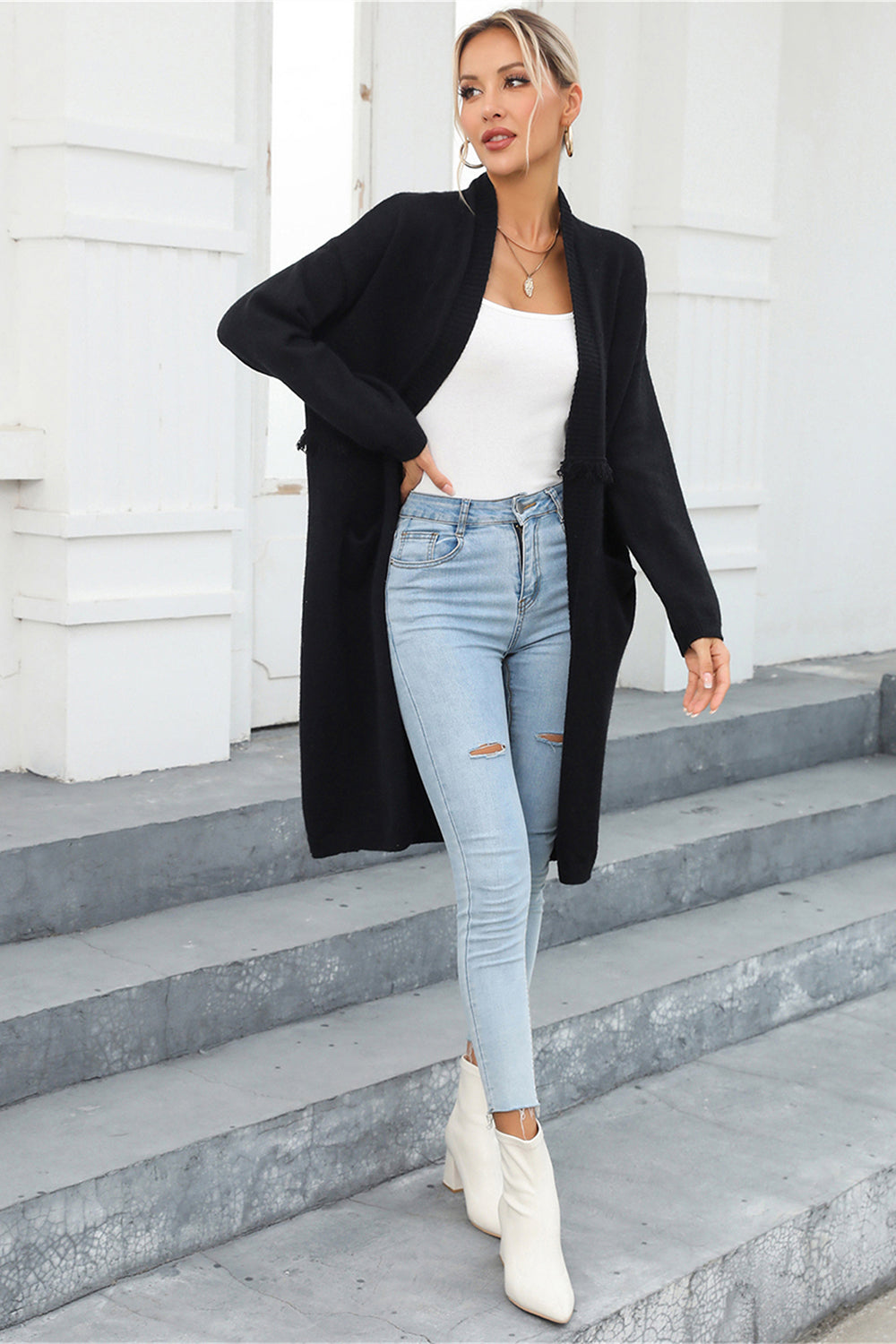 Open Front Pocketed Cardigan S-XL