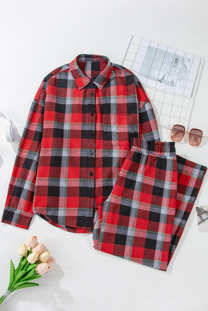Plaid Long Sleeve Top and Pants Lounge Set S-XL