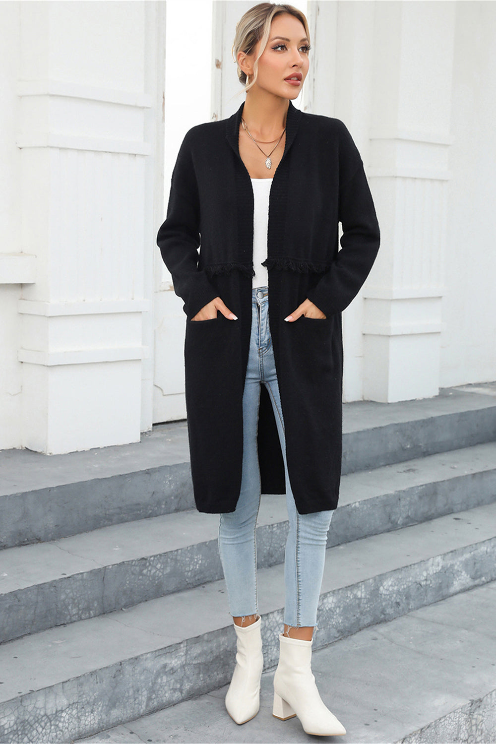 Open Front Pocketed Cardigan S-XL