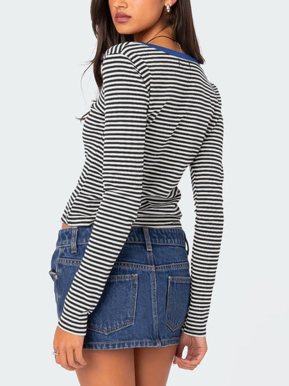 Buttoned Striped Long Sleeve T-Shirt Top S-XL