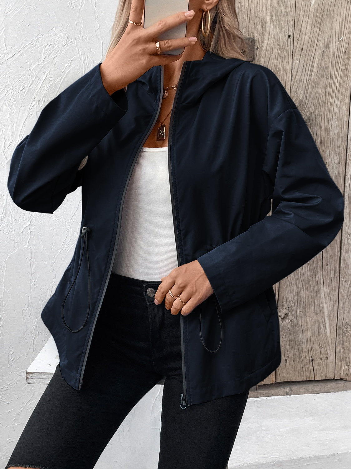 Ivy Lane Drawstring Zip Up Hooded Jacket S-2XL