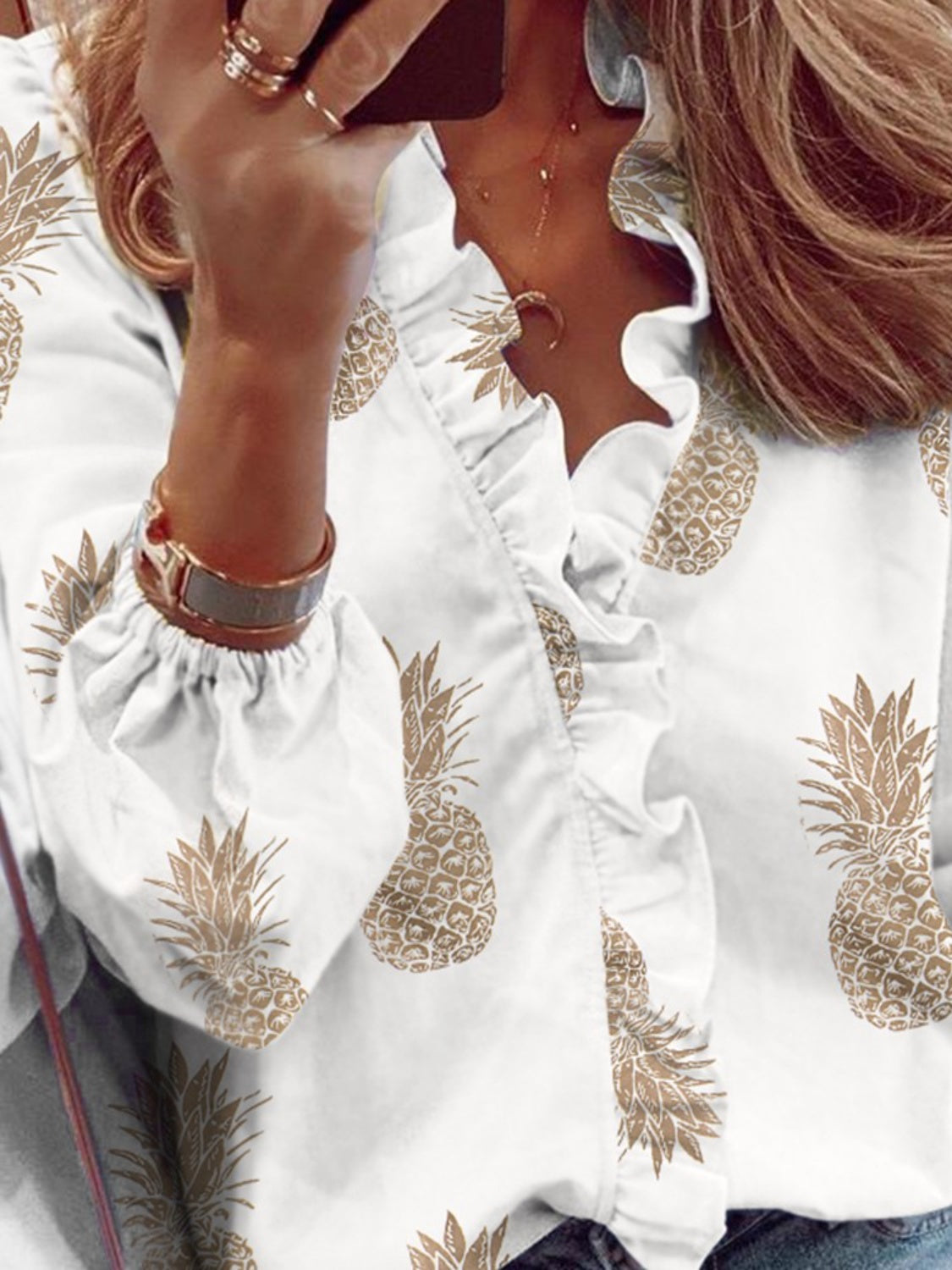 Ruffled Printed V-Neck Long Sleeve Blouse S-2XL